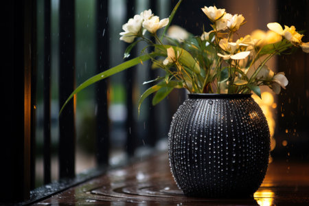 A serene setting of a black vase with white flowers on a wooden table, with raindrops visible in the backdrop.の素材