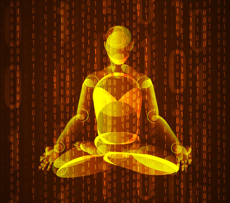 VECTOR shining illustration: man in lotus pose on binary code backgroundのイラスト素材