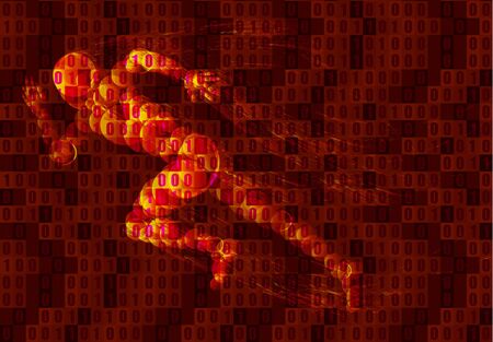 Binary code red VECTOR pattern and running glowing manのイラスト素材