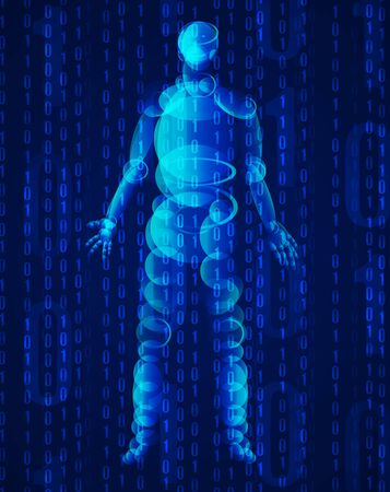 Artificial Intelligence: 1 and 0 and standing man glowing silhouetteのイラスト素材