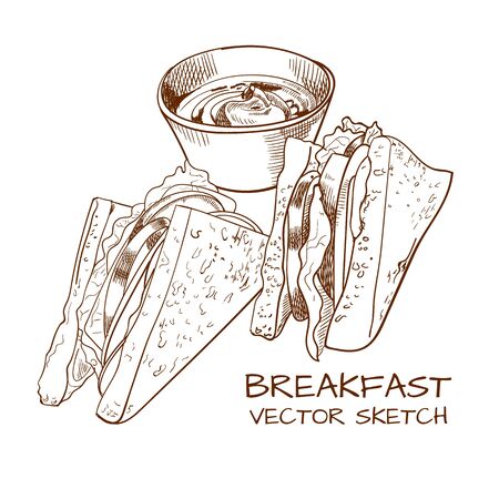 VECTOR sketched breakfast: sandwiches and sauce drawingのイラスト素材