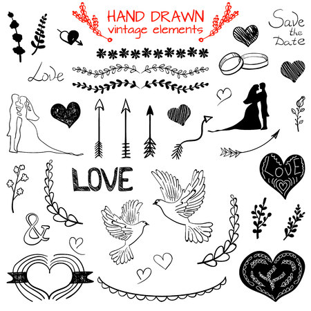 Set of VECTOR hand drawn vintage elements, black drawingsのイラスト素材
