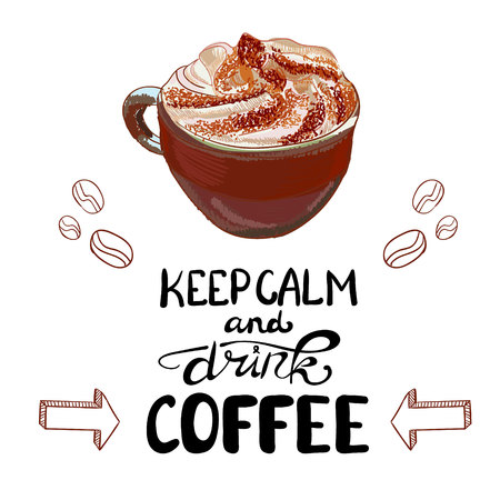 VECTOR sketched cappuccino cup with handwritten letters: COFFEE timeのイラスト素材