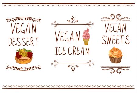 Hand drawn VECTOR menu icons: vegan dessert, ice cream and sweetsのイラスト素材
