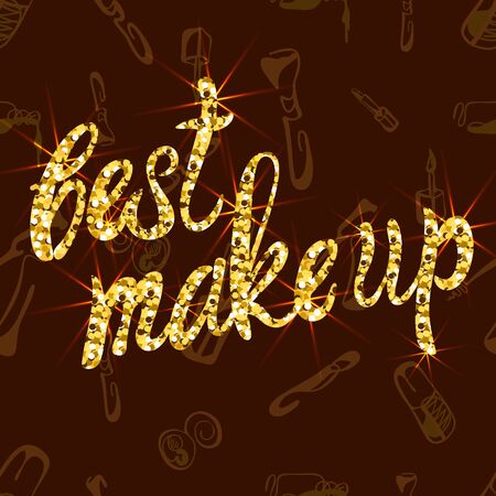 Vector SEAMLESS pattern with doodle cosmetic products with letters: best make up, brownのイラスト素材