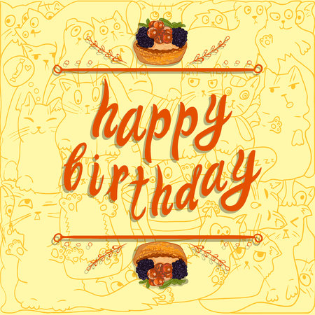 Happy birthday VECTOR greeting card template: hand drawn berry cake on fun background with doodle catsのイラスト素材