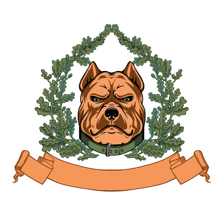 Pitbull head and oak wreath - VECTOR logoのイラスト素材