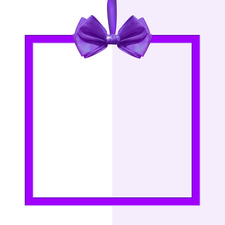 Square frame with realistic purple silk bow on white.のイラスト素材