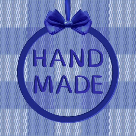 Hand made VECTOR text in frame with realistic blue bow on textile texture.のイラスト素材