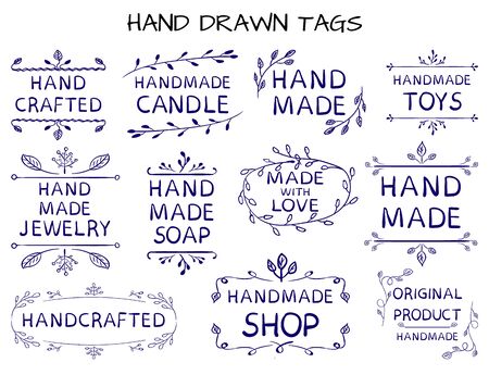 A VECTOR set of blue hand drawn HAND MADE tag templates.のイラスト素材
