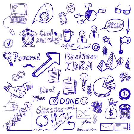 Big set od business doodles, black hand drawn icons.のイラスト素材