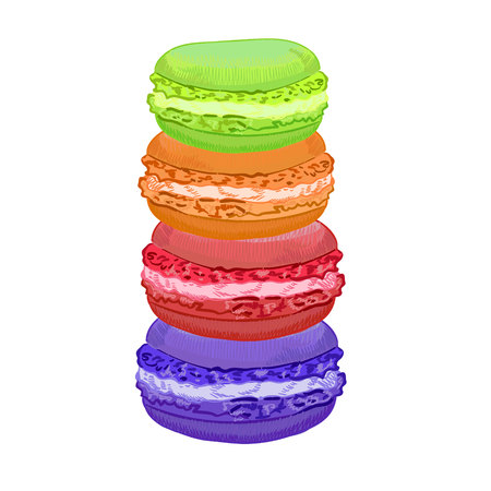 Hand-drawn VECTOR illustration of stacked macaroons isolated on white. Green, orange, vinous, blue. Sweets isolated on whiteのイラスト素材