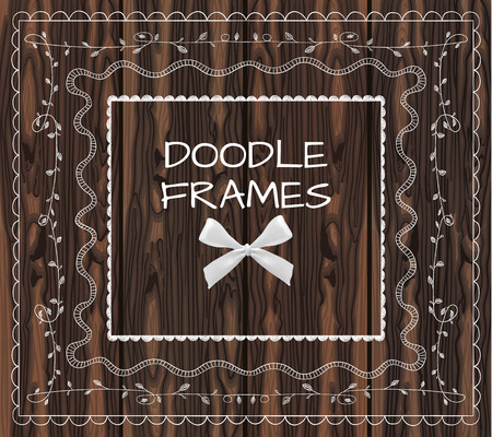 Doodle frames set with bow on brown wood.のイラスト素材