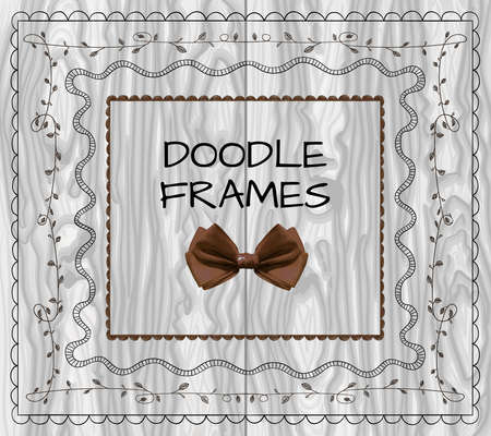 Doodle frames set with realistic bow on light gray wood.のイラスト素材