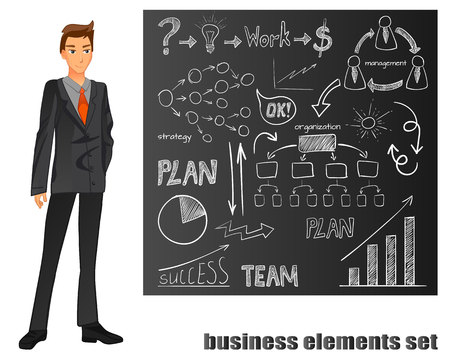 Businessman in a suit. Orange tie. Brown chalkboard with hand drawn elements. VECTOR illustrationのイラスト素材