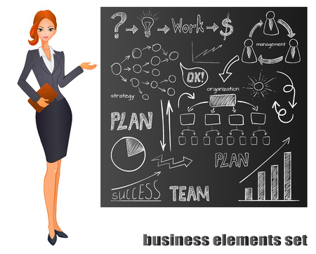 Set of business icons on chalk board. Plan, team work, graph, light bulb, money sign, hand drawn arrows, organization scheme, management system. VECTOR icons and redhead girl.のイラスト素材