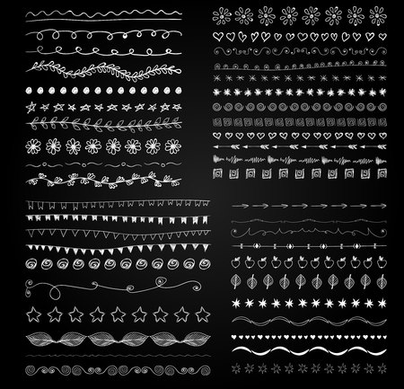 Big set of 44 hand drawn vintage design elements. VECTOR collection. White on black.のイラスト素材