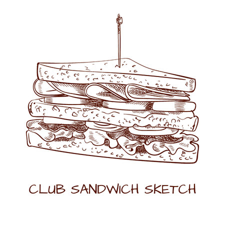 Club sandwich outline drawing. VECTOR sketch. Black linesのイラスト素材