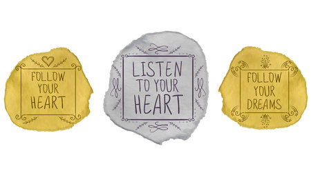 LISTEN TO YOUR HEART, FOLLOW YOUR DREAMS, FOLLOW YOUR HEART handwritten text on paint stroke. VECTOR set. Golden and silver paint.のイラスト素材