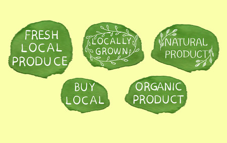 Farming icons. Paint spots with handwritten letters. VECTOR elements set. Green and white.のイラスト素材