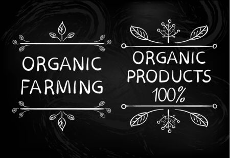 Organic farming. Organic products 100 . Hand drawn white typographic design elementsのイラスト素材