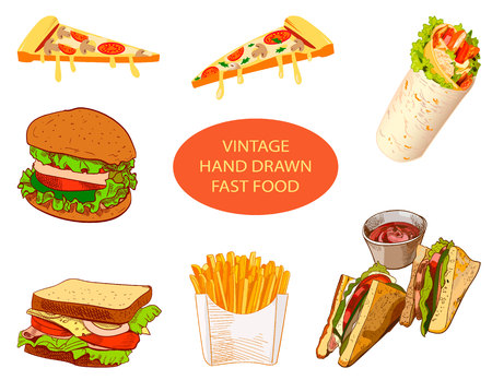 Vintage hand drawn fast food, VECTOR set of colored sketchesのイラスト素材
