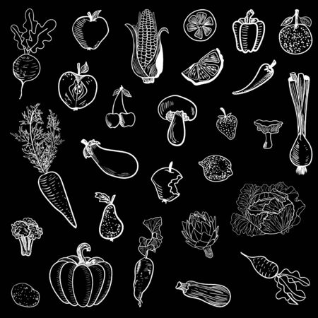 VECTOR set of hand drawn vegetables and fruits on black backgroundのイラスト素材