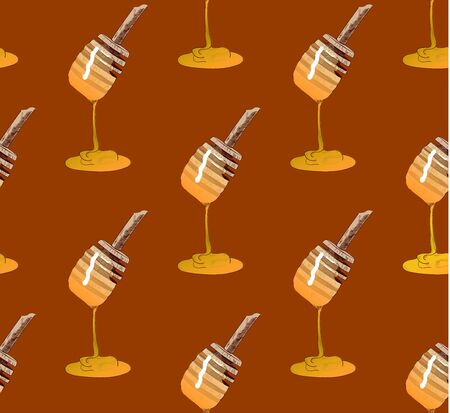 Hand-drawn honey spoon. VECTOR illustration. Sketched seamless pattern. Brown background.のイラスト素材