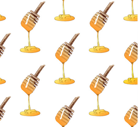 Hand-drawn honey spoon. VECTOR illustration. Sketched seamless pattern. White background.のイラスト素材