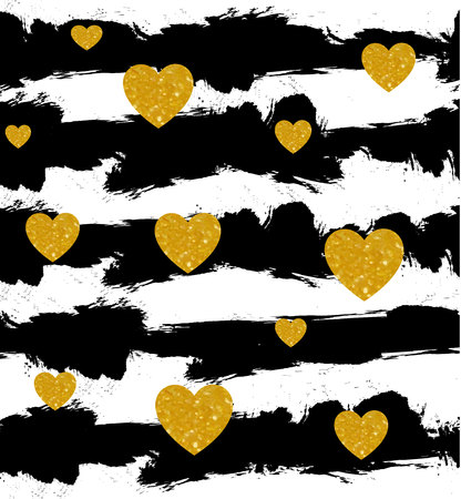 Seamless pattern with abstract black and white stripes. Golden hearts. VECTOR pattern.のイラスト素材
