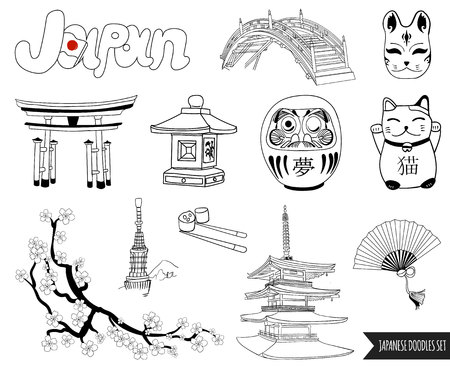 VECTOR set of japanese doodles. outline drawingsのイラスト素材