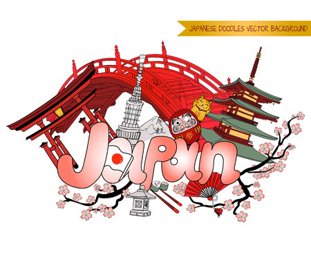 JAPAN doodle background, VECTOR colored illustrationのイラスト素材
