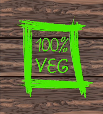 100 VEG handwritten text in square hand drawn frame. VECTOR illustration on brown background.のイラスト素材