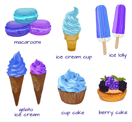 Set of sweet products in blue and purple colors. Macaroons, ice cream in cup, gelato, ice lolly, cup cake, berry cake.のイラスト素材