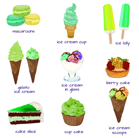 Set of sweet products. Macaroons, ice cream in cup, gelato, ice lolly, cup cake, berry cake, cake slice, ice cream in glass. Green hand-drawn sketchのイラスト素材