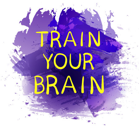 Train your brain text on purple paint splash backdrop. VECTOR hand drawn letters. Yellow words.のイラスト素材