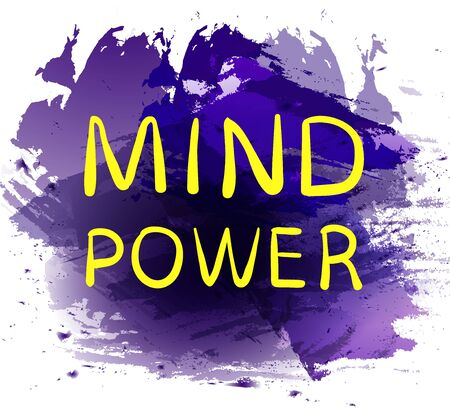 MIND POWER text on purple paint splash backdrop. VECTOR hand drawn letters. Yellow words.のイラスト素材