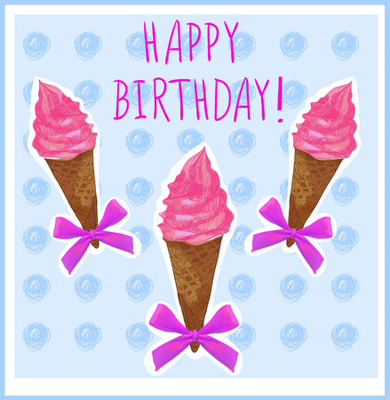 Happy birthday. Card template with hand-sketched ice cream cone. Pink cream. Light blue background.のイラスト素材