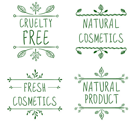 Cruelty free, natural cosmetics, natural product, fresh cosmetics. Flourish vignettes and handwritten letters. VECTOR. Green lines.のイラスト素材