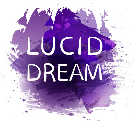 Lucid dream text on red paint splash backdrop. VECTOR hand drawn letters. Purple spotのイラスト素材