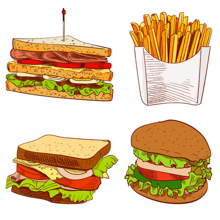 Set of fast food hand drawn VECTOR illustration on blue background. Fries, sandwich, burger.のイラスト素材