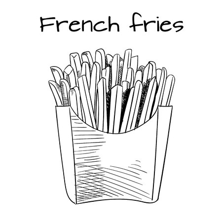 French Fries sketch, hand drawn fast food VECTOR illustrtion. Outline sketch. Black lines.のイラスト素材