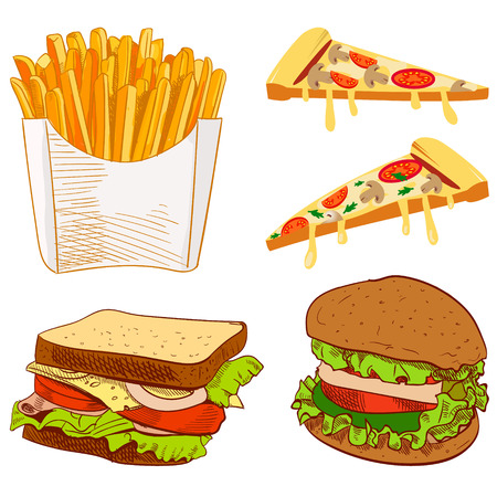 Set of fast food hand drawn VECTOR illustration on blue background. Fries, pizza slices, sandwich, burger.のイラスト素材