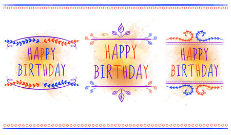 HAPPY BIRTHDAY card templates. Hand drawn letters and vintage ornaments. VECTOR labels. Orange paint splash.のイラスト素材
