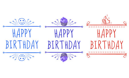 Happy birthday card templates with hand-drawn elements: smile, cupcake, thumb up. Purple, red and blue - vector illustration.のイラスト素材