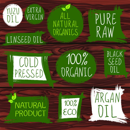 Vintage stamps, oil. Cold pressed oil, 100 eco and organic, all natural, pure raw prodect - vector illustration.のイラスト素材