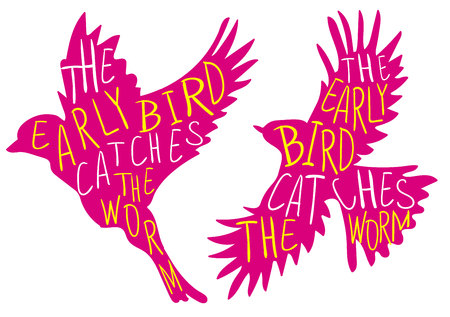 The early bird catches the worm. Hand written proverb, VECTOR bird. Pink bird, yellow and white words.のイラスト素材