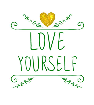 LOVE YOURSELF. VECTOR handwritten letters and doodle frame with glitter gold heart. Green wordsのイラスト素材