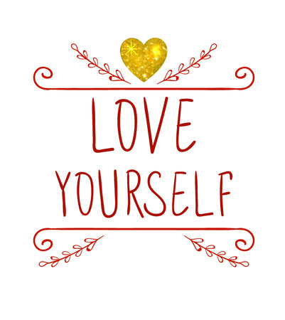 LOVE YOURSELF. VECTOR handwritten letters and doodle frame with glitter gold heart. Red wordsのイラスト素材