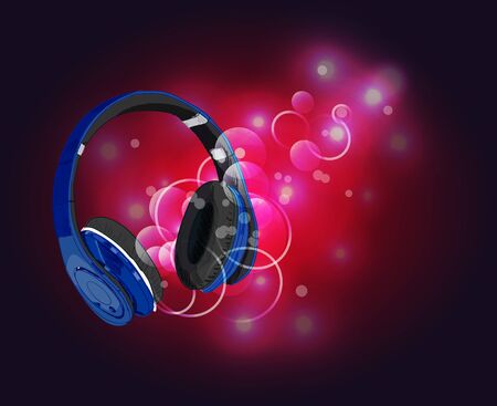 Headphones with magic of music. Blue headphones and red abstract lights.のイラスト素材